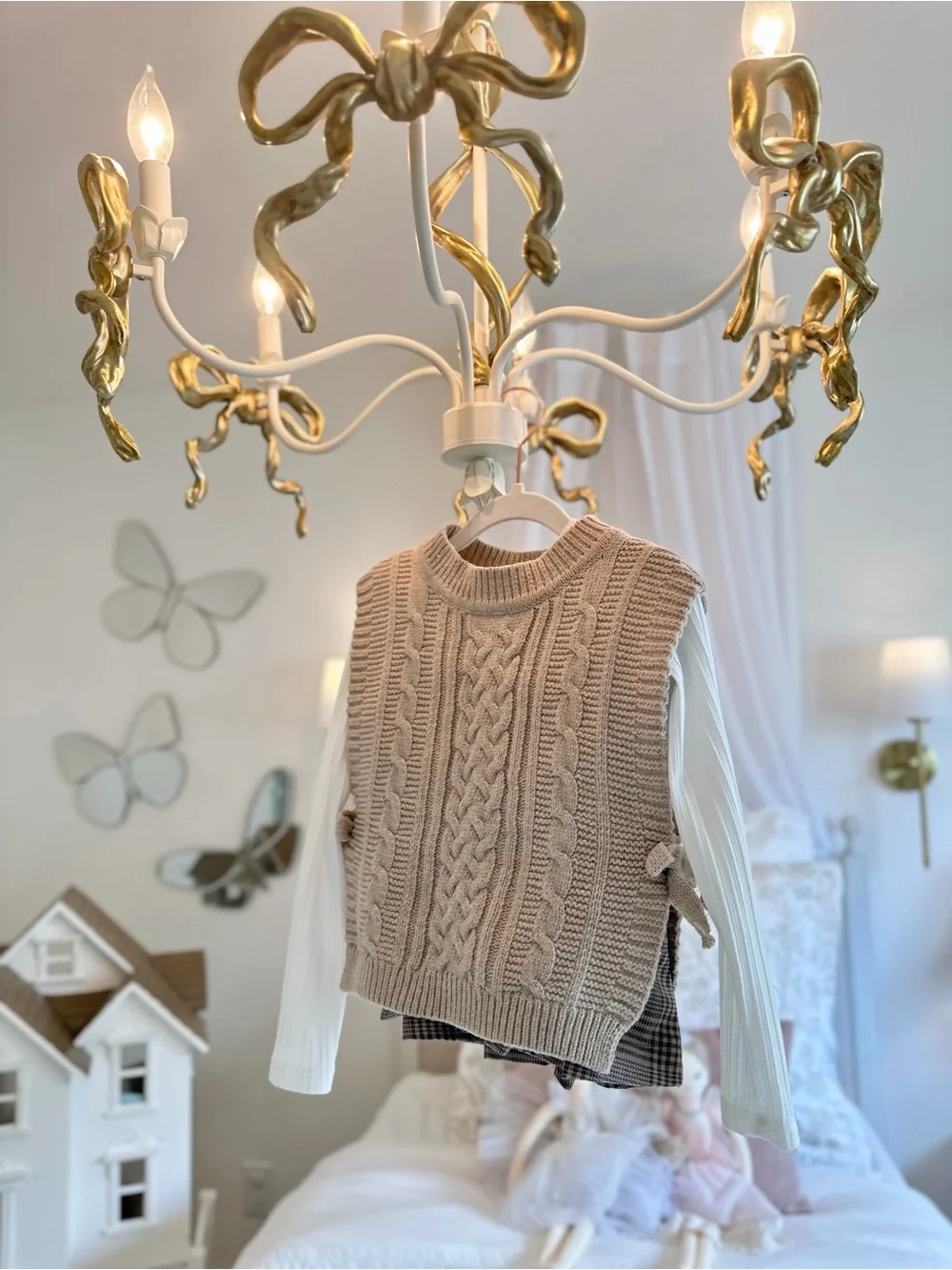 2 Set Girls Cable Knit Vest w/ Knit Long Sleeve T-Shirt & Plaid Pleated Skort 7